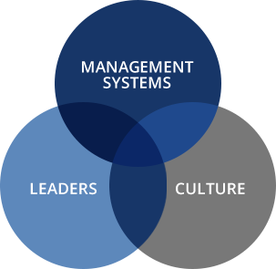High Performance Leadership Model - Venn Diagram including leadership elements of Management Systems, Leaders, and Culture.